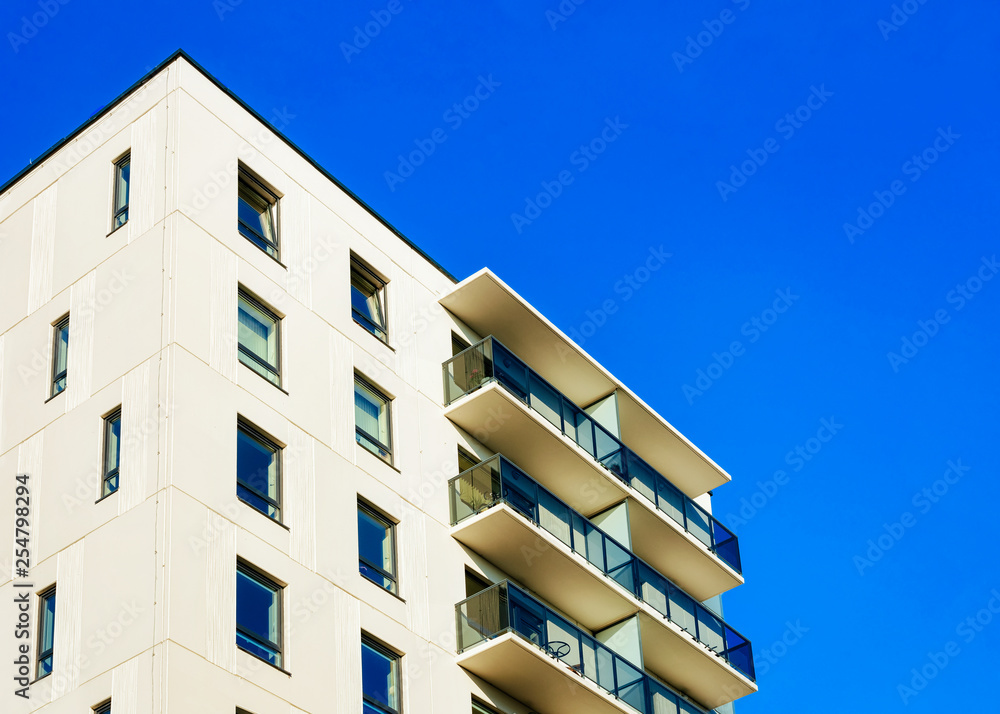 Residential apartment house facade with blank copy space