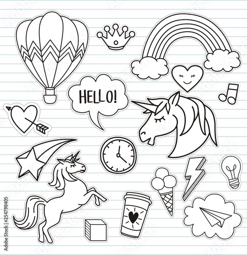 Fashion patch badges unicorn,hearts, rainbow, coffee, ice cream, star, Vector illustration isolated on white background.