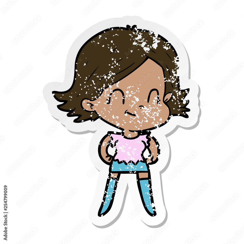 distressed sticker of a cartoon friendly girl distressed sticker of a cartoon friendly girl