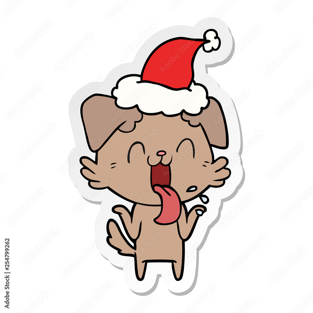sticker cartoon of a panting dog shrugging shoulders wearing santa hat sticker cartoon of a panting dog shrugging shoulders wearing santa hat