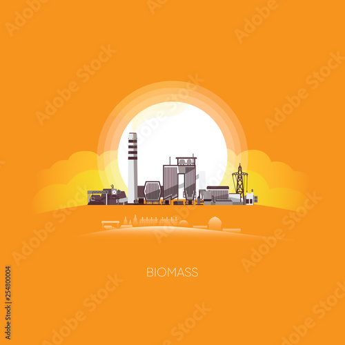 biomass energy, biomass power plant  with the sun background