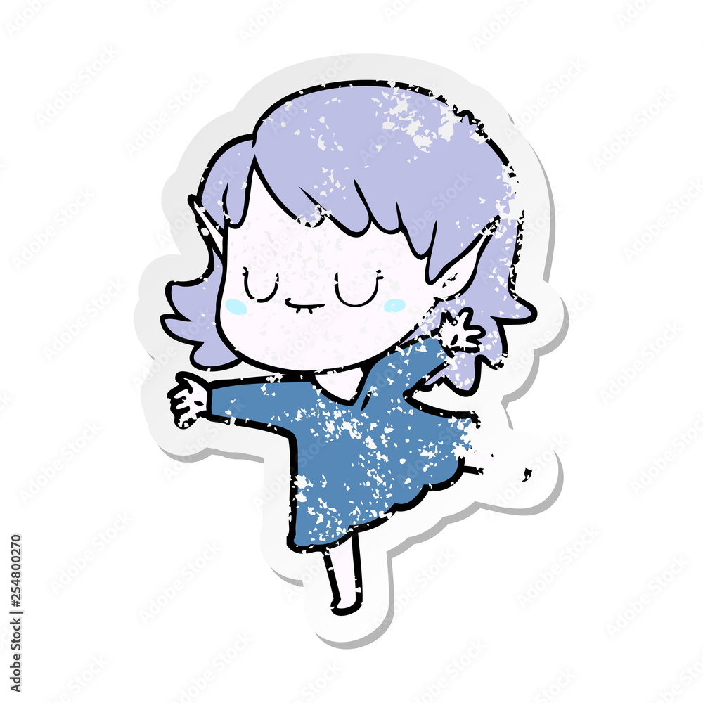 Fototapeta premium distressed sticker of a happy cartoon elf girl wearing dress