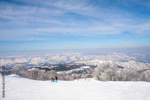 Landscape and Mountain view of Nozawa Onsen in winter , Nagano, Japan.