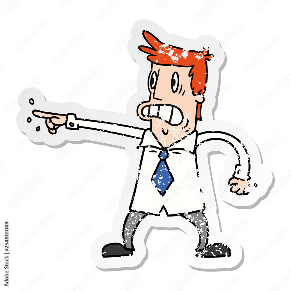 Obraz premium distressed sticker cartoon doodle man pointing looking worried