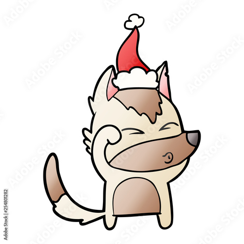gradient cartoon of a wolf pouting wearing santa hat
