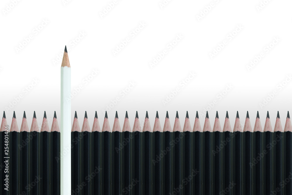 Business Leadership Concept : White pencil standing out from row of many black pencils on gray background. Business Leadership Concept : White pencil standing out from row of many black pencils on gray background.