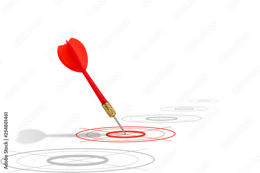 Marketing Concept : Red dart hit target on dartboard isolated on white background. Marketing Concept : Red dart hit target on dartboard isolated on white background.