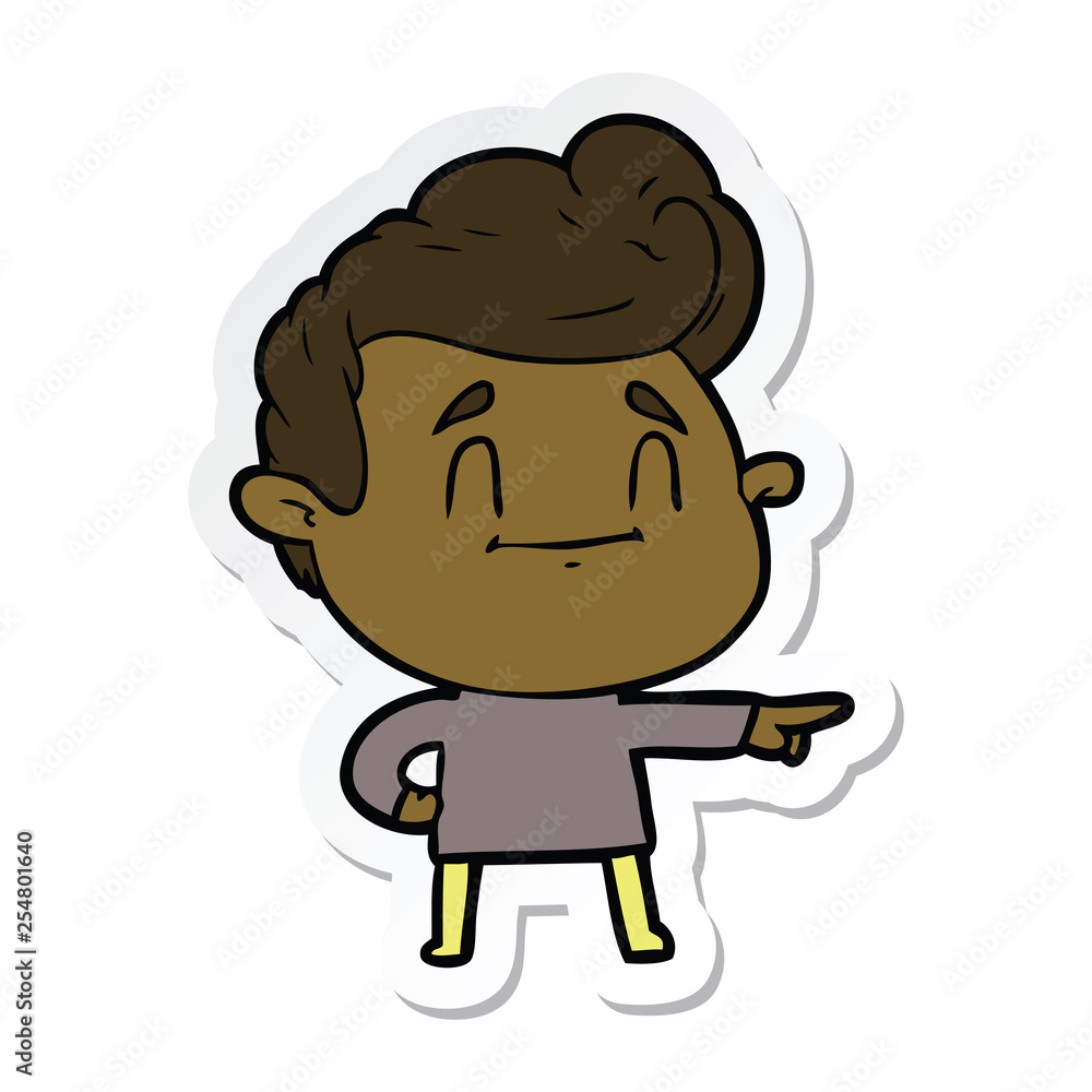 sticker of a happy cartoon man pointing sticker of a happy cartoon man pointing