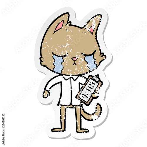 distressed sticker of a crying cartoon business cat