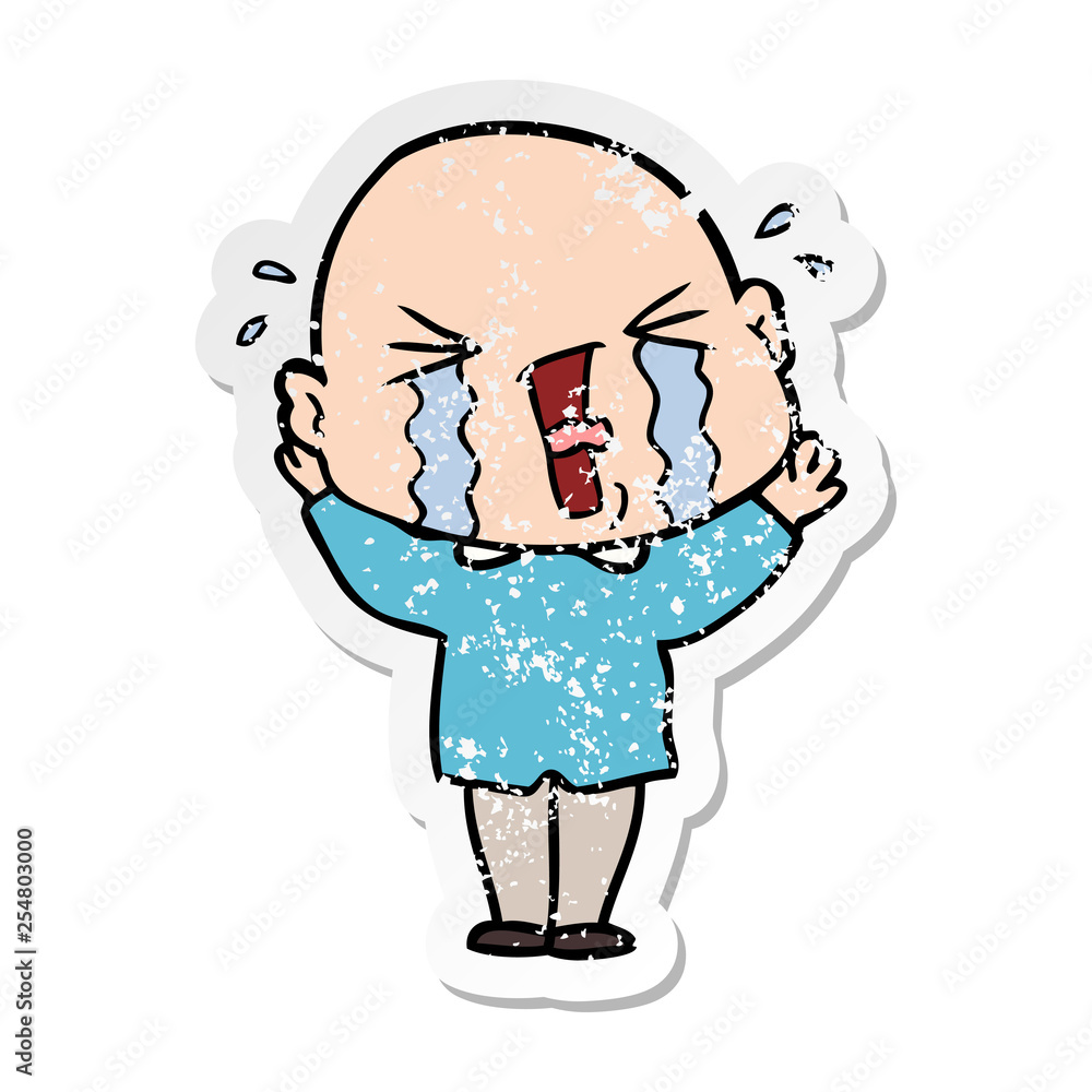 Obraz premium distressed sticker of a cartoon crying bald man