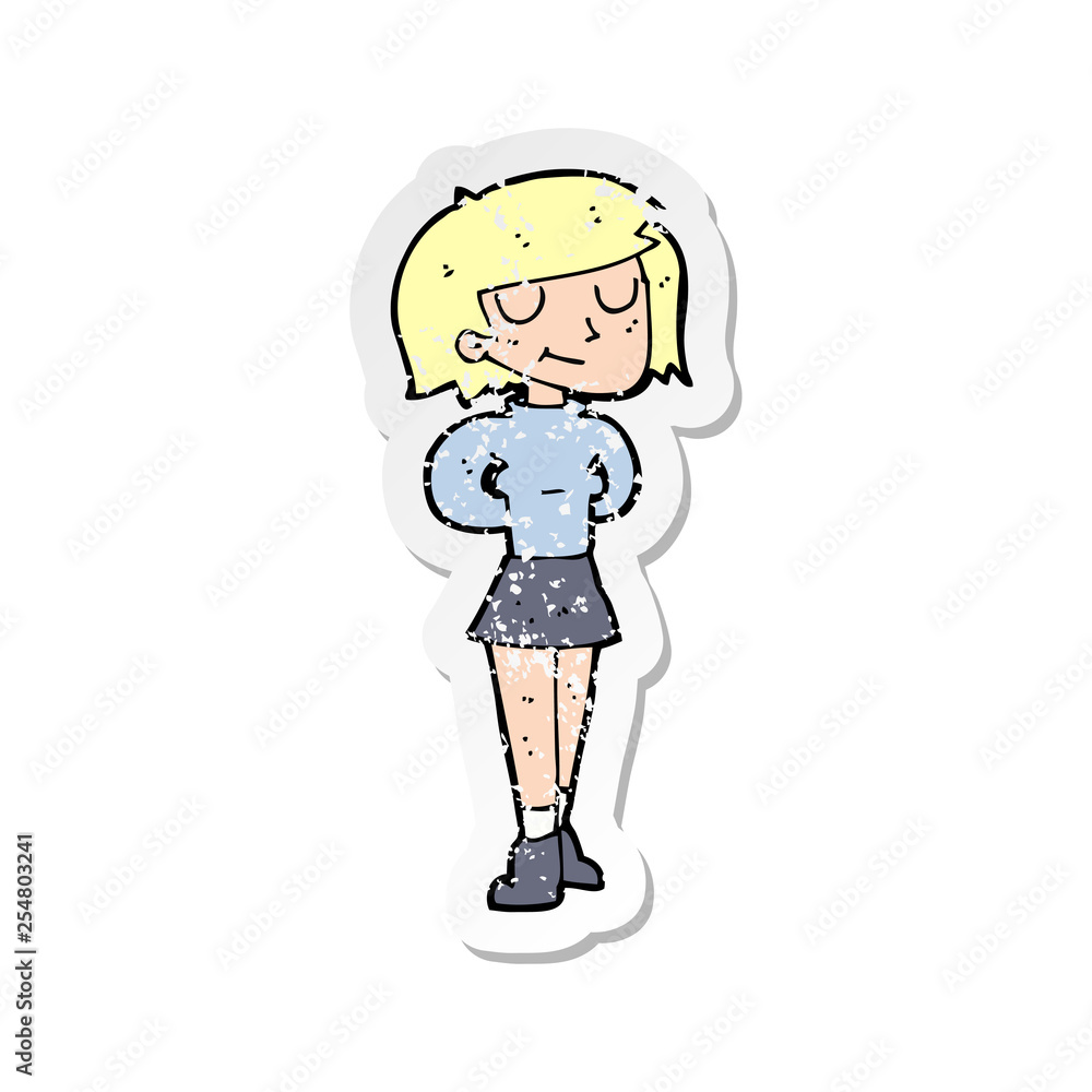 retro distressed sticker of a cartoon pleased woman retro distressed sticker of a cartoon pleased woman