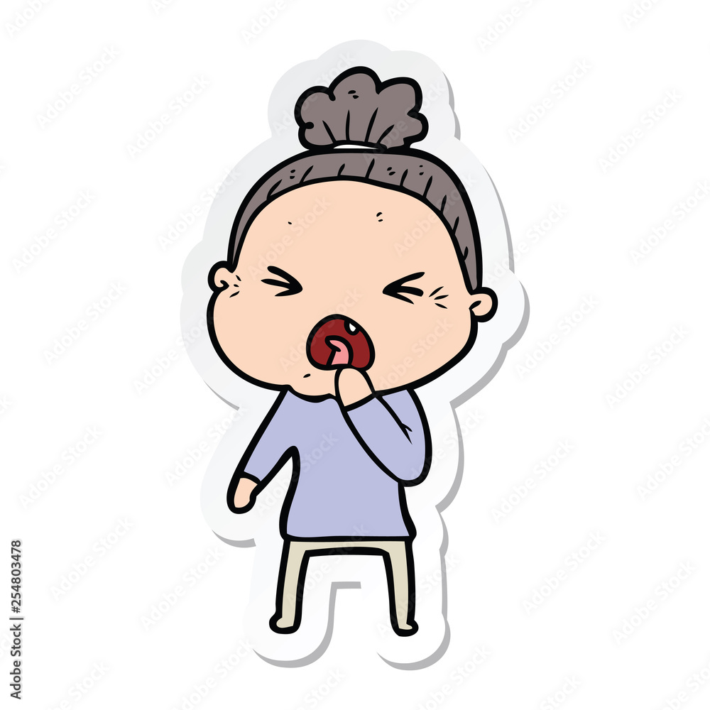 sticker of a cartoon angry old woman