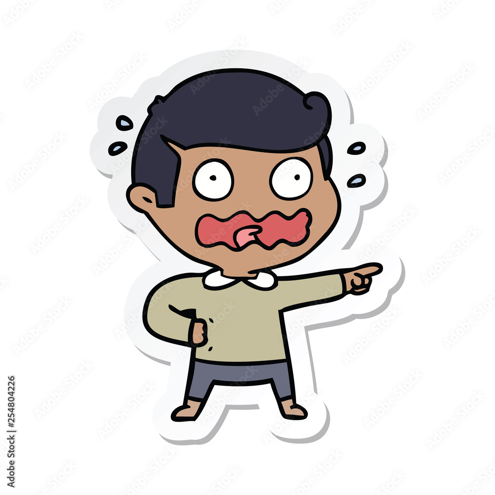 sticker of a cartoon stressed out pointing