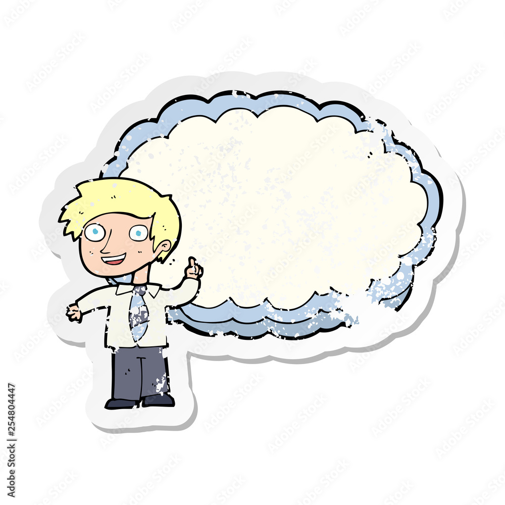 retro distressed sticker of a cartoon school boy with idea retro distressed sticker of a cartoon school boy with idea