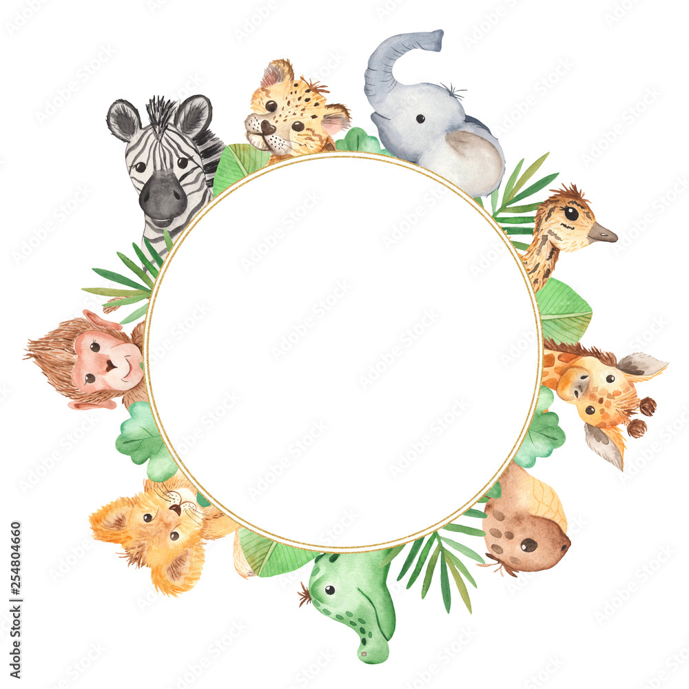 Watercolor frame with cute cartoon animals of Africa. Template for  invitation, greeting card, party, baby shower, children's clothing and  design. Stock Illustration | Adobe Stock