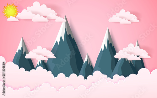 The hot air heart balloon, sun and countryside on pink sky as love, happy valentine's day, wedding and paper art concept