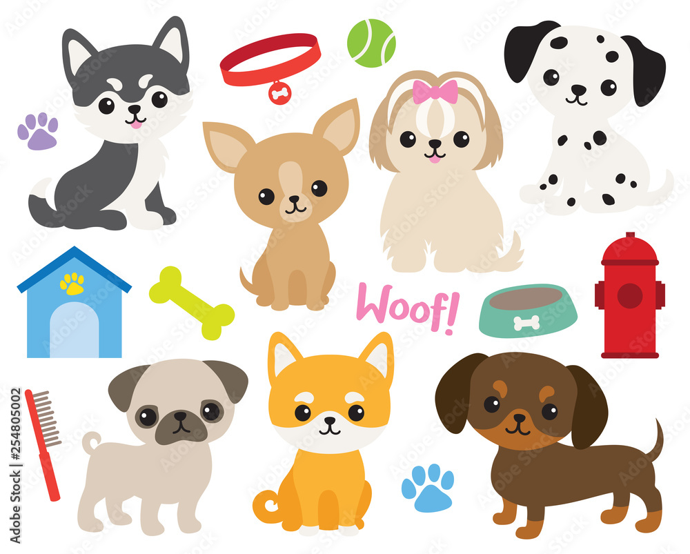 Cute puppy dog vector illustration set including Siberian Husky, Chihuahua, Yorkshire Terrier, Pug, Shiba, Dachshund, Dalmatian, Maltese.