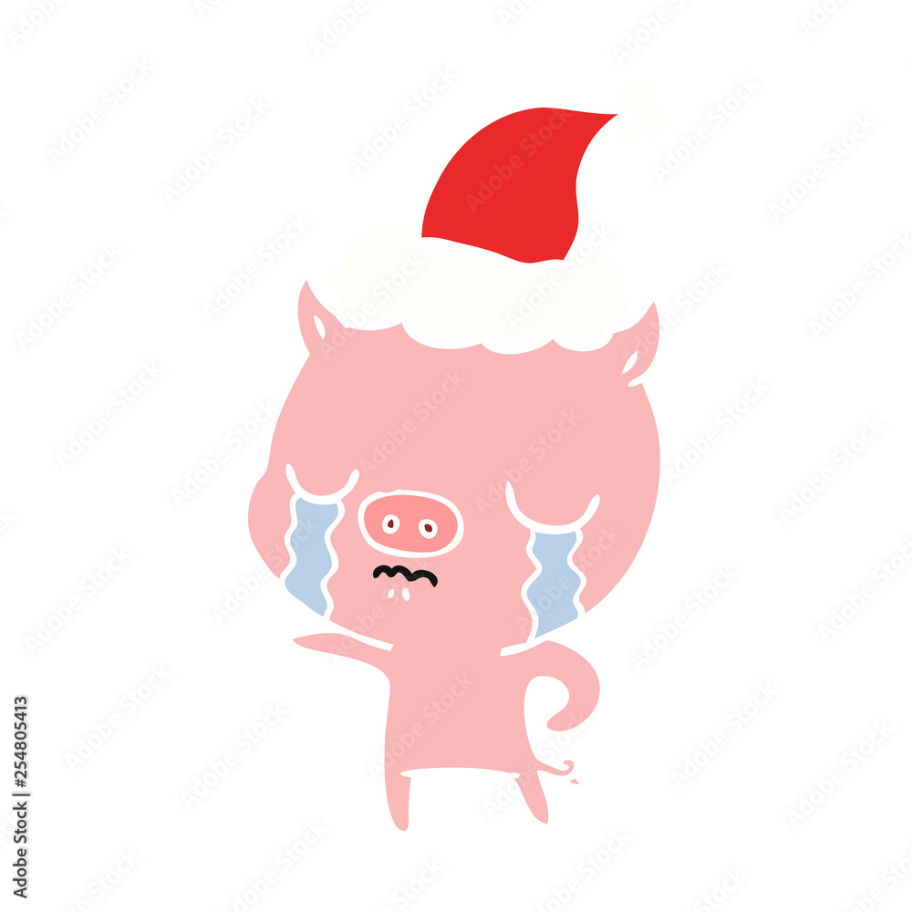 flat color illustration of a pig crying wearing santa hat flat color illustration of a pig crying wearing santa hat