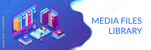 E-library isometric 3D banner header.