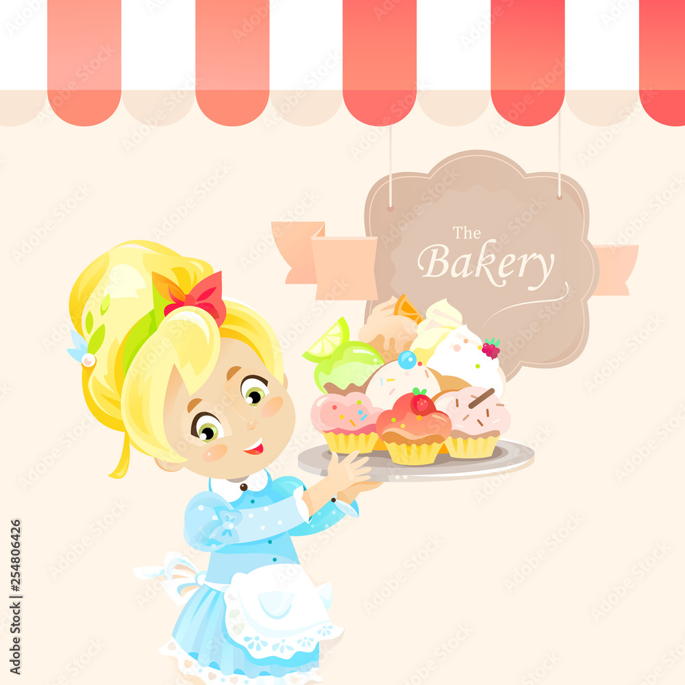 A cute little girs holds cupcakes or muffins on the tray and stands under canopy of bakery pastry shop vintage vector illustration A cute little girs holds cupcakes or muffins on the tray and stands under canopy of bakery pastry shop vintage vector illustration
