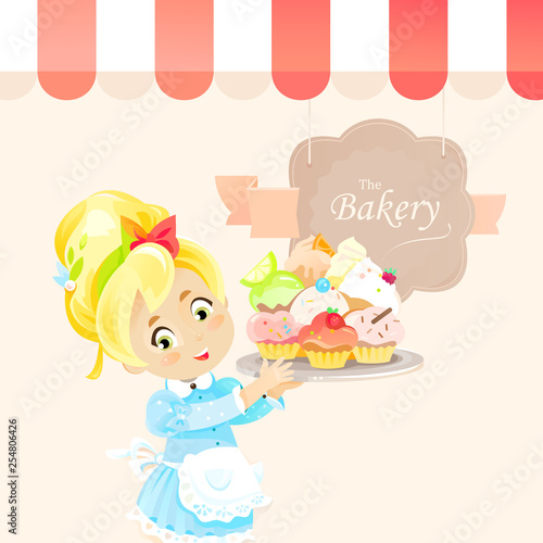A cute little girs holds cupcakes or muffins on the tray and stands under canopy of bakery pastry shop vintage vector illustration