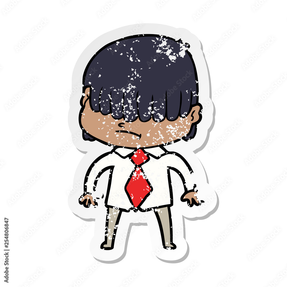 distressed sticker of a cartoon boy with untidy hair