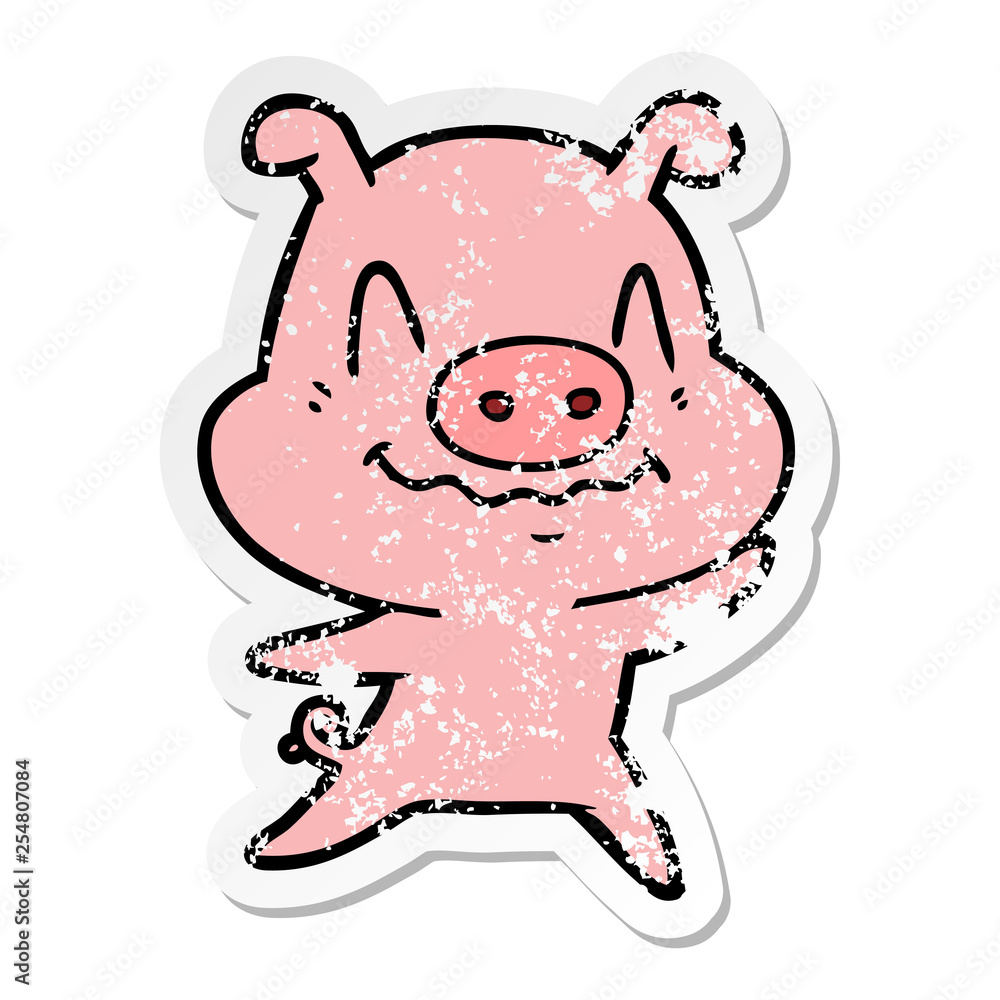 distressed sticker of a nervous cartoon pig distressed sticker of a nervous cartoon pig