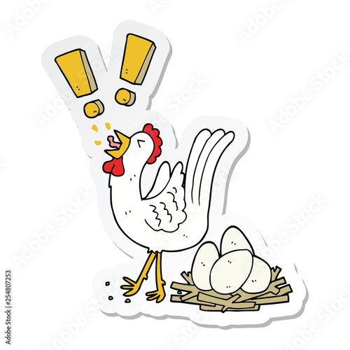 sticker of a cartoon chicken laying egg