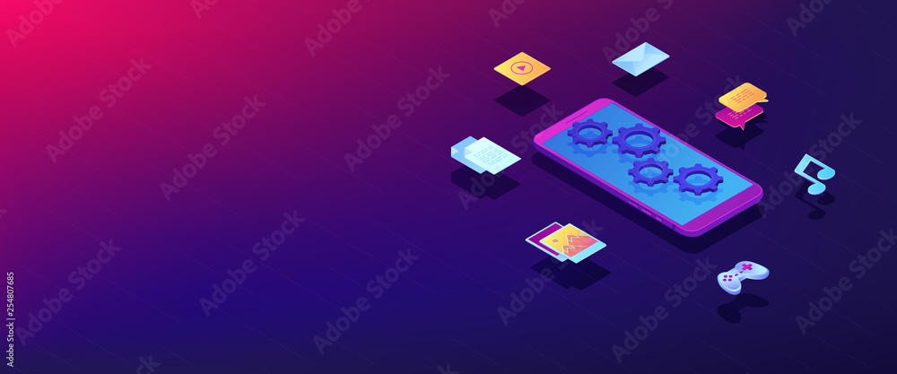 Mobile content isometric 3D banner header. Mobile content isometric 3D banner header.