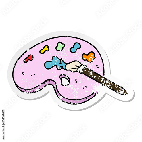 distressed sticker of a quirky hand drawn cartoon art pallette