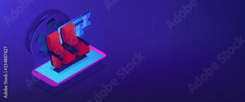 Buying tickets online isometric 3D banner header.