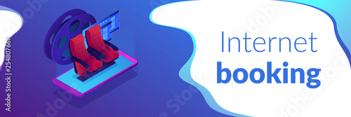Buying tickets online isometric 3D banner header.