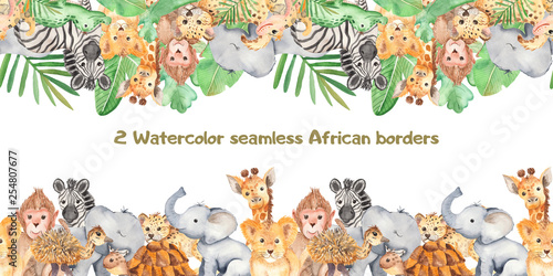 Watercolor seamless border with cute cartoon animals of Africa. Texture for wallpaper, packaging, scrapbooking, textiles, fabrics, children's clothing and design.