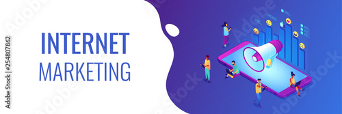 Social media marketing isometric 3D banner header.