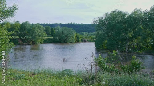 Great place for fishing on the river with overgrown green banks photo