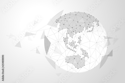 Abstract polygonal background design for business and technology. A globe made up of points and lines.