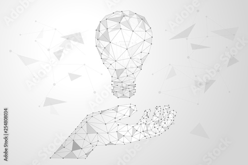 Abstract polygonal background design for business and technology. Polygon light bulb and hand vector illustration.