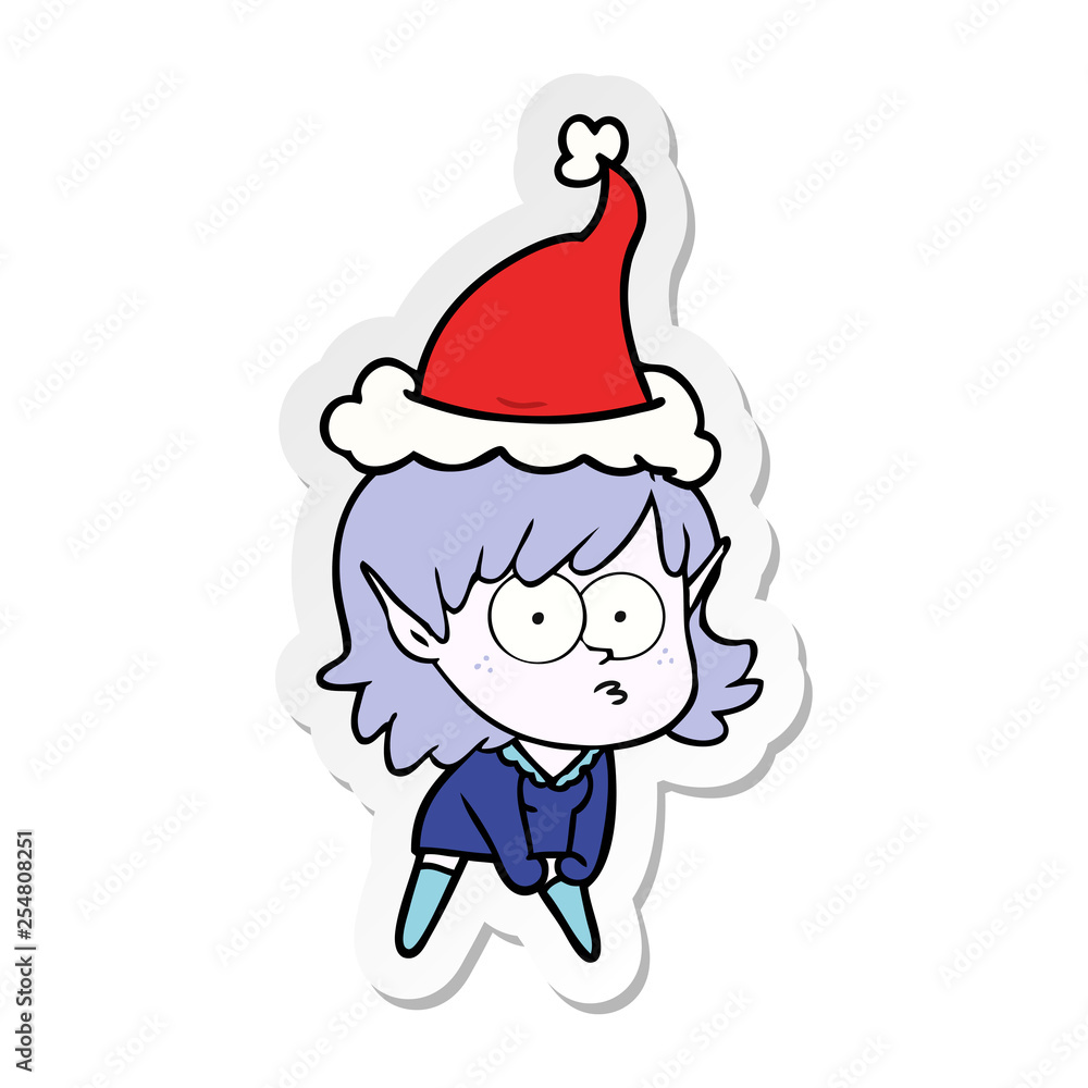sticker cartoon of a elf girl staring and crouching wearing santa hat sticker cartoon of a elf girl staring and crouching wearing santa hat