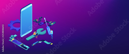Smartphone repair isometric 3D banner header.
