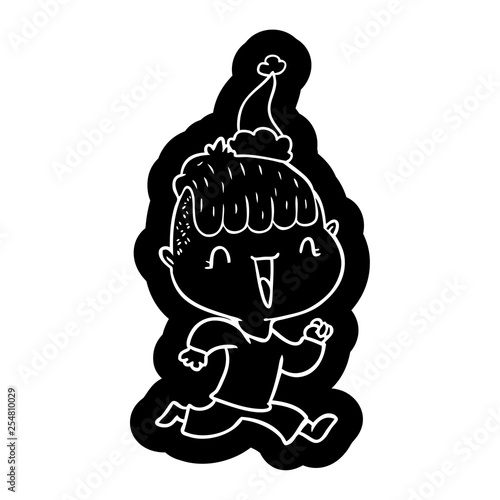 cartoon icon of a happy boy surprised wearing santa hat