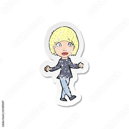 retro distressed sticker of a cartoon suprised woman