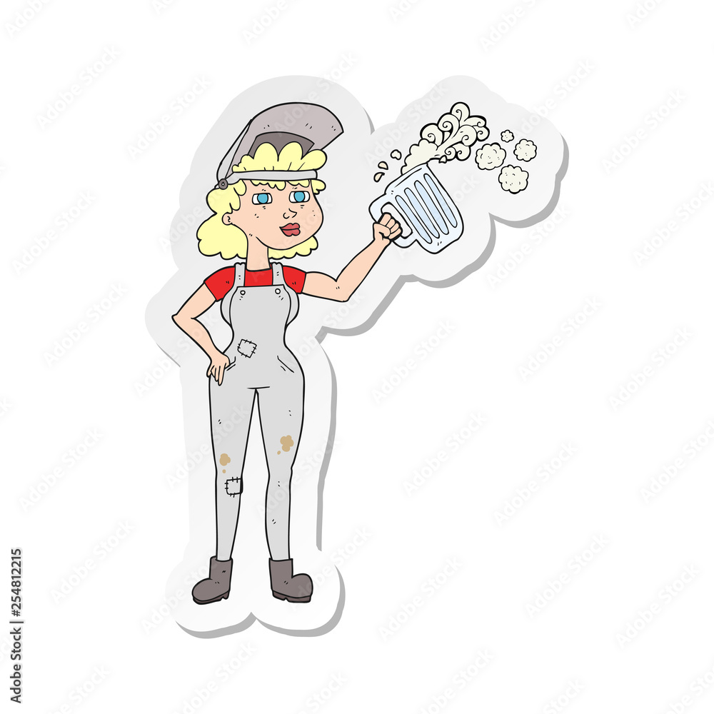 sticker of a cartoon hard working woman with beer sticker of a cartoon hard working woman with beer
