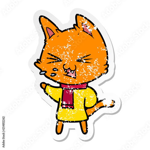 distressed sticker of a cartoon cat hissing