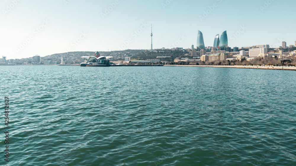 View of the National Seaside Park in Baku city, Azerbaijan, Baku Bay