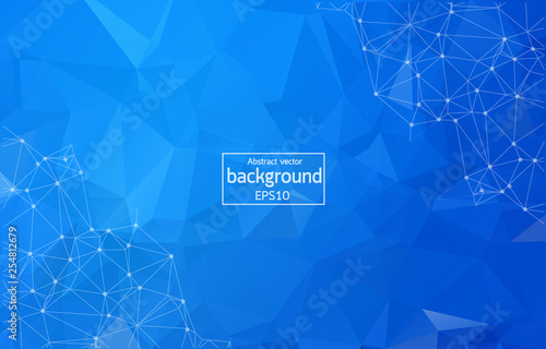 Abstract Dark Blue polygonal surface background. Low poly mesh design with connecting dot and line. Connection triangle structure. Vector geometry futuristic decoration. Greeting card.