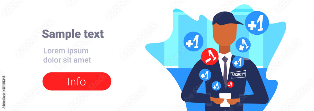 male security guard worker using mobile application social media ...