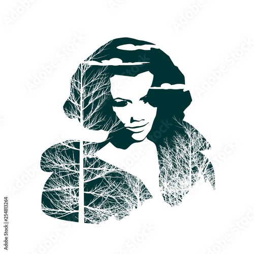 Face half turn view. Elegant silhouette of a head textured by tree branches. Double exposure