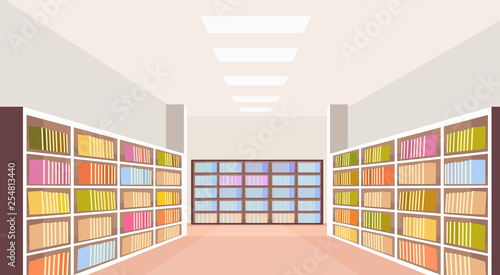 modern library interior bookshelf empty no people room bookcase with books reading education knowledge concept flat horizontal