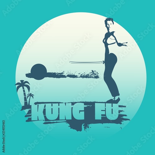 Kung Fu martial art silhouette of woman in sword fight pose. Woman posing on grunge brush stroke. Cloudscape and palm on backdrop. Kung Fu text