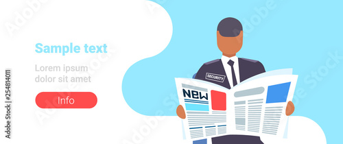 african american male security guard worker reading newspaper man in uniform cartoon character portrait flat horizontal banner copy space